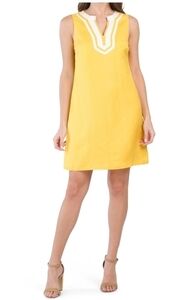 Pappagallo Yellow Embroidered Neckline Linen Blend Dress